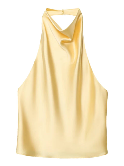 HXAO Top Women Halter Satin Women Tops Backless Corset Top Vest Yellow