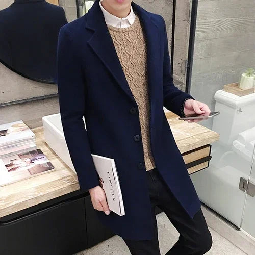 Men's Long Coat 2025 Autumn/Winter New Fashion Business Slim Fit Men's Long Coat High Quality Solid Color Casual Men's Clothing