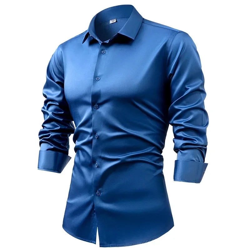 2025 Spring Autumn Royal Blue Silk Satin Long-sleeved Dress Shirts for Men, Navy Blue Business Casual Non-iron Wrinkle Camisas