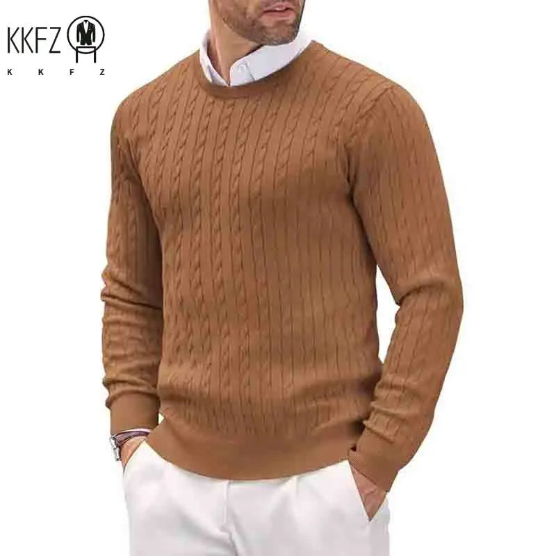 2026 New Men's Casual Sweater Round Neck Long Sleeve Knitted Sweater Diamond Pattern Fashion Versatile Top