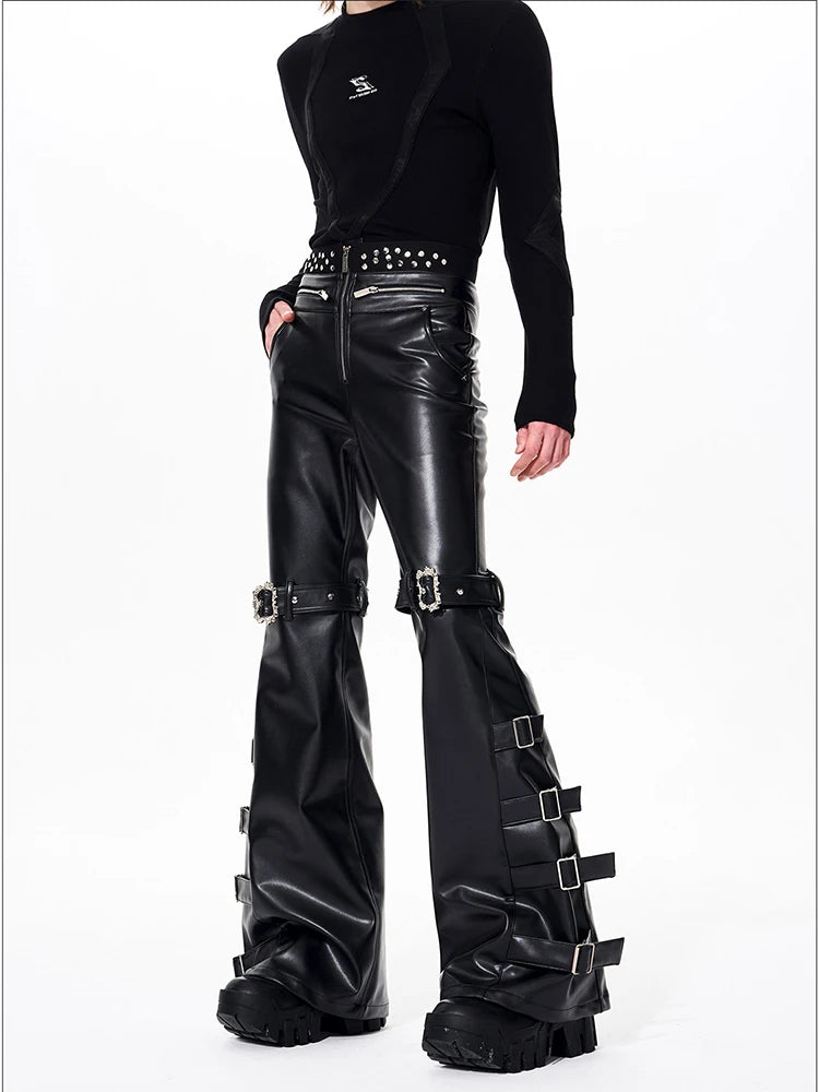 Mauroicardi Spring Autumn Cool Handsome Long Black Pu Leather Flare Pants for Men Rivet Luxury Designer Alternative Emo Clothes