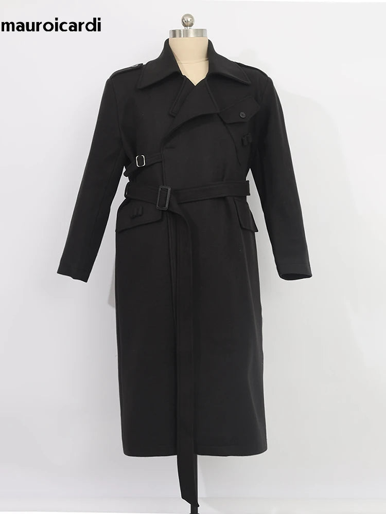 Mauroicardi Autumn Winter Cool Elegant Long Warm Black Woolen Trench Coat Men Belt Luxury Designer Clothes Wool Blends Overcoat