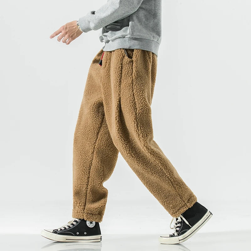 Winter Men's Lamb Wool Casual Pants Fleece Warm Elastic Waist Sweatpants Solid Thick Harem Pants Male Vintage Joggers Trousers