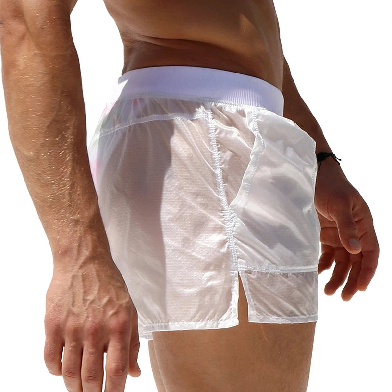 2025 Fashion Male Board Shorts Men Swimming Trunks Elastic Waist See-through Summer Beach Shorts Swimwear with Pockets