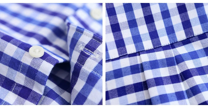 Cotton Oxford Shirt For Men Long Sleeve Plaid Striped Casual Shirts Male Pocket Regular-Fit Button-Down Work Man Dress Shirt
