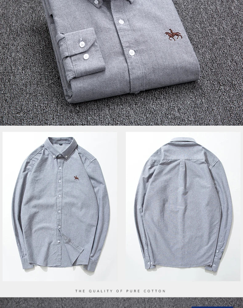 Cotton Oxford Shirt For Men Long Sleeve Plaid Striped Casual Shirts Male Pocket Regular-Fit Button-Down Work Man Dress Shirt