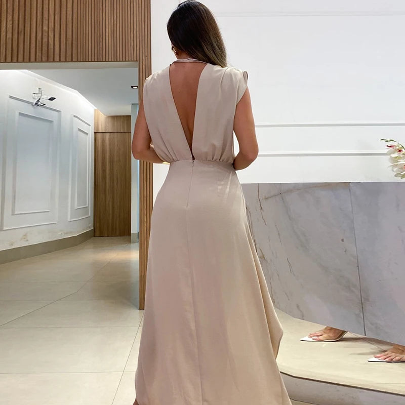 Elegant Party Dresses For Women Summer V Neck Sleeveless A-line Solid Long Dress Women Evening Dress Red