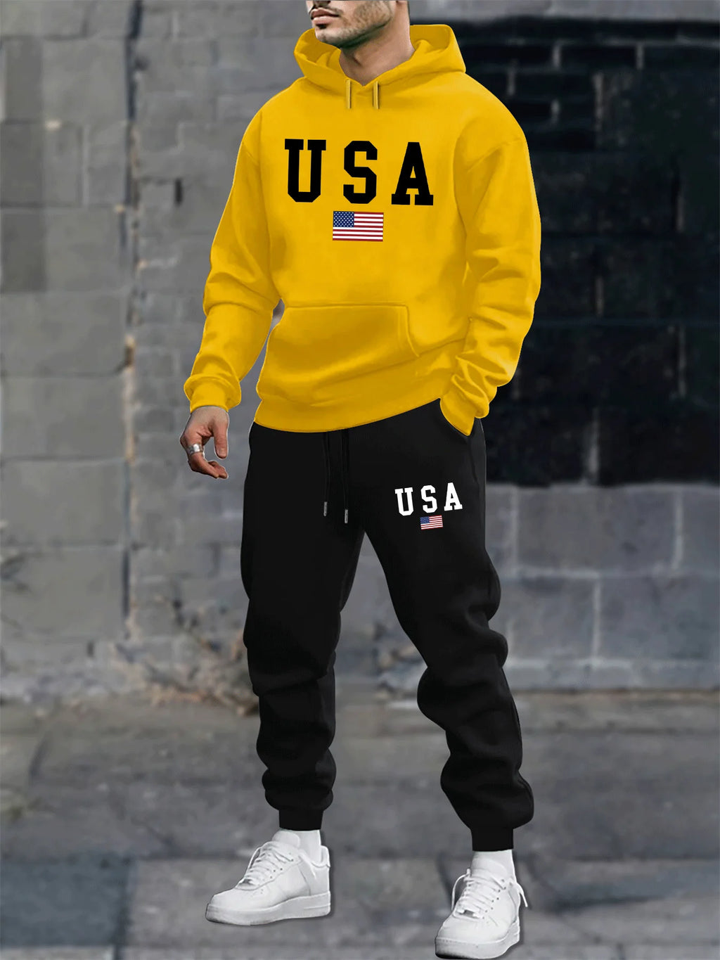 Men's autumn and winter casual fashion warm American flag USA pattern print loose plush thick hooded sweatshirt+sweatpants set