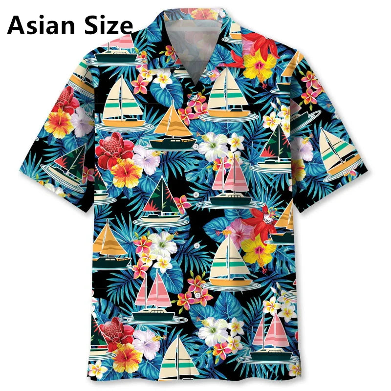 Men's Sailboat Tropical Flower Hawaiian Shirt Clothes Full Print Summer Short Sleeve Beach Shirts Blouse Men's Button Up Shirts