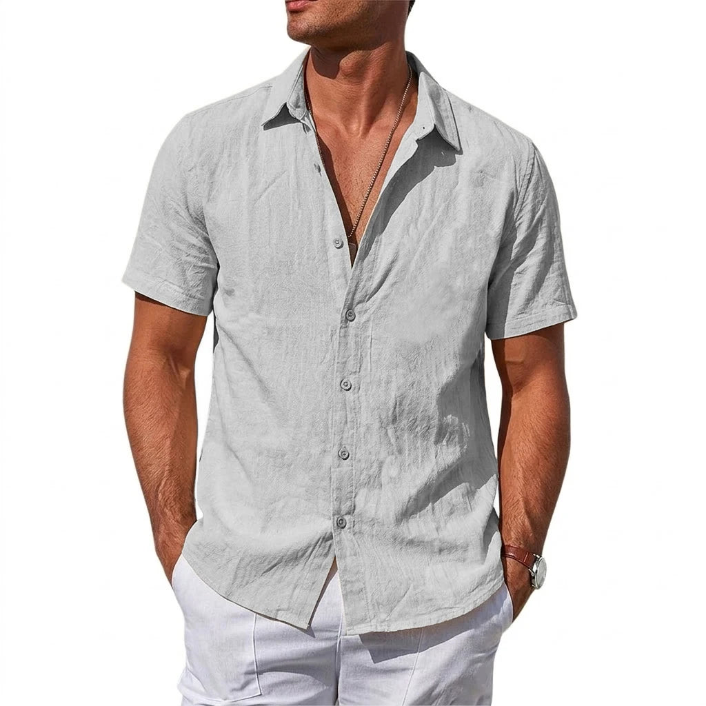 Men's Short Sleeve T-shirt Cotton Linen Shirts Casual Tshirts Man Solid Color Lapel Summer Shirts Male Breathable Hawaiian Shirt