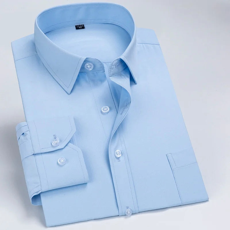 Business Dress Shirt Men's Long-sleeve Autumn Spring Fashion Solid Casual Formal White Work Office Simple Basic Man Clothe S-7XL