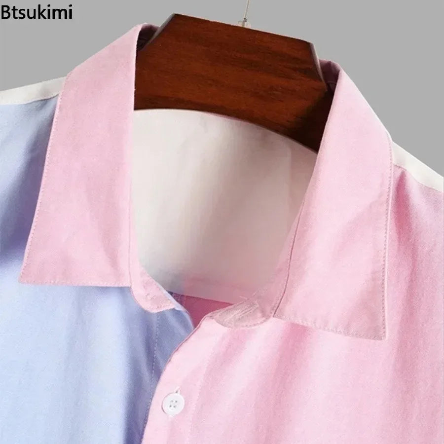 2026 Men's Summer Colorblock Shirts Short Sleeve Shirt Fashion Casual Lapel Cardigan Loose Comfortable Tops for Men Beach Shirts