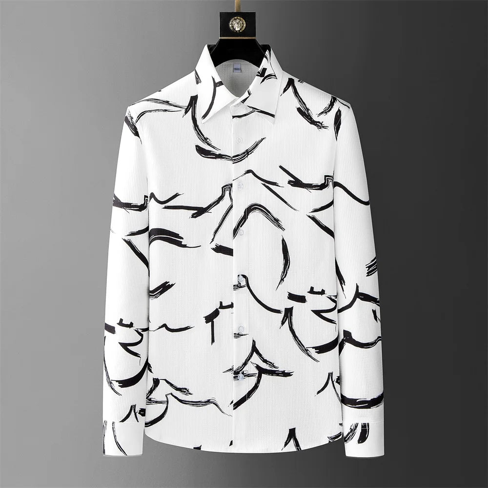 British Style Printed Men's Shirt Long Sleeve Loose Casual Shirts Men Clothing 2025 Summer Business Social Party Tuxedo Blouse
