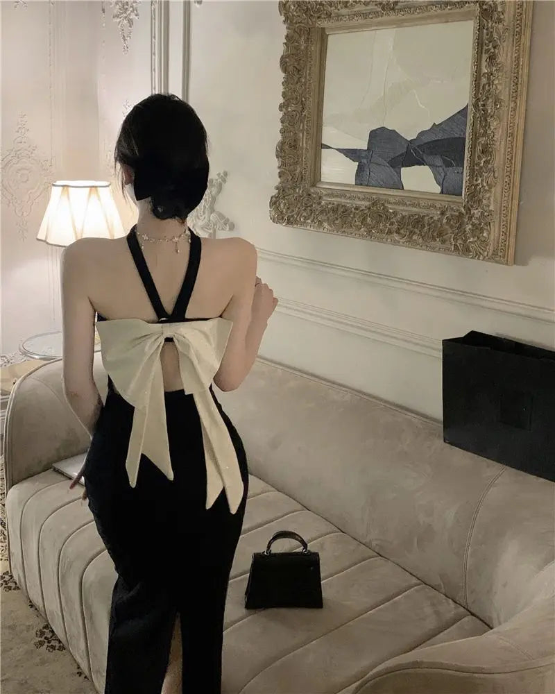 Birthday Dress For Women Vestidos De Mujer Summer French Backless One Shoulder Women's Spring Black Bow Sleeveless