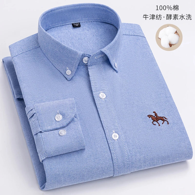 100% Cotton Oxford Shirt For Men's Long Sleeve Solid Casual Business Regular-Fit Formal Dress Shirts Social Blouse Male Clothes