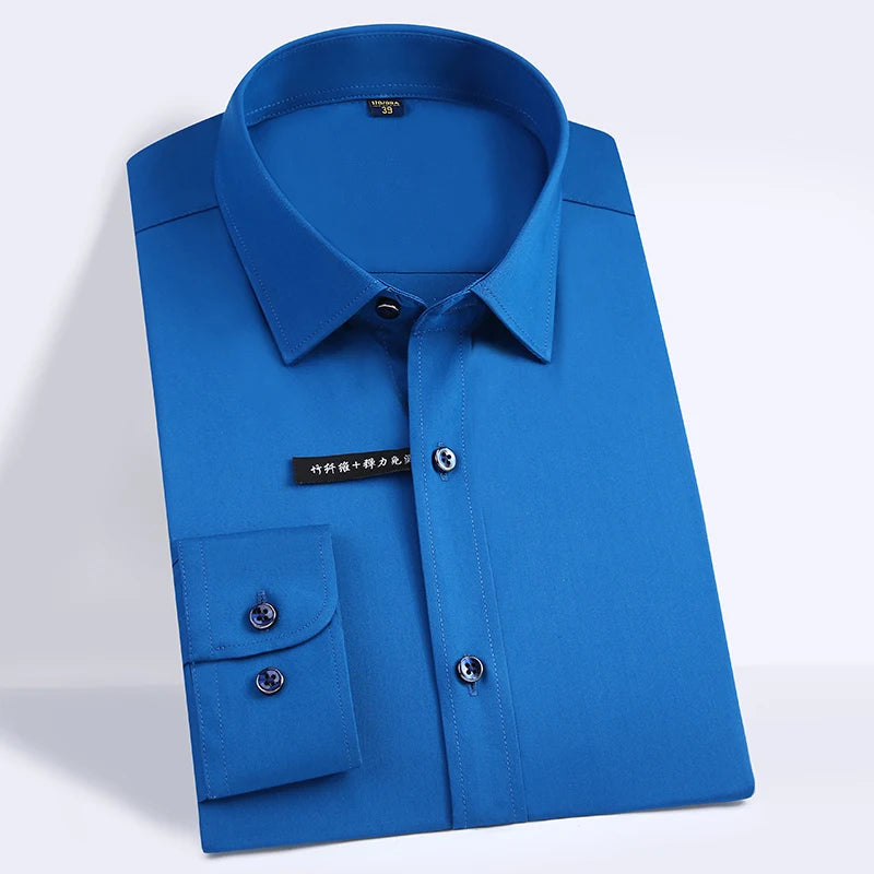 Men's Business Dress Shirts Bamboo Fiber Blend Long Sleeve Solid Color Work Shirt with Lapel Collar Regular Fit for All Seasons