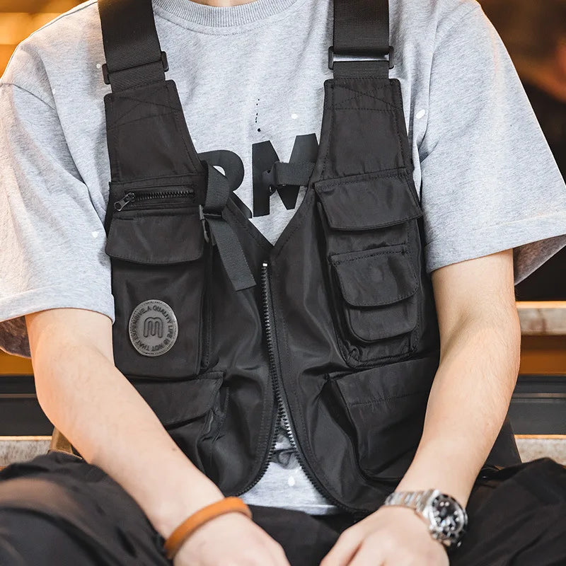 Maden Men Multi-pocket Tactical Vest Jacket & Bag Japan Retro Multi-function Photography Waistcoat Wide Shoulder Strap Solid Bag