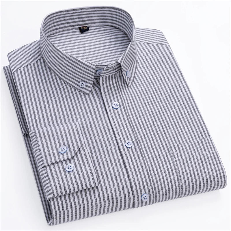 New Fashion Men's Oxford Shirts Long Sleeves Cotton Stripe Thin Soft Regular Fit Formal Shirt Pocket Social Blouse Male Clothing