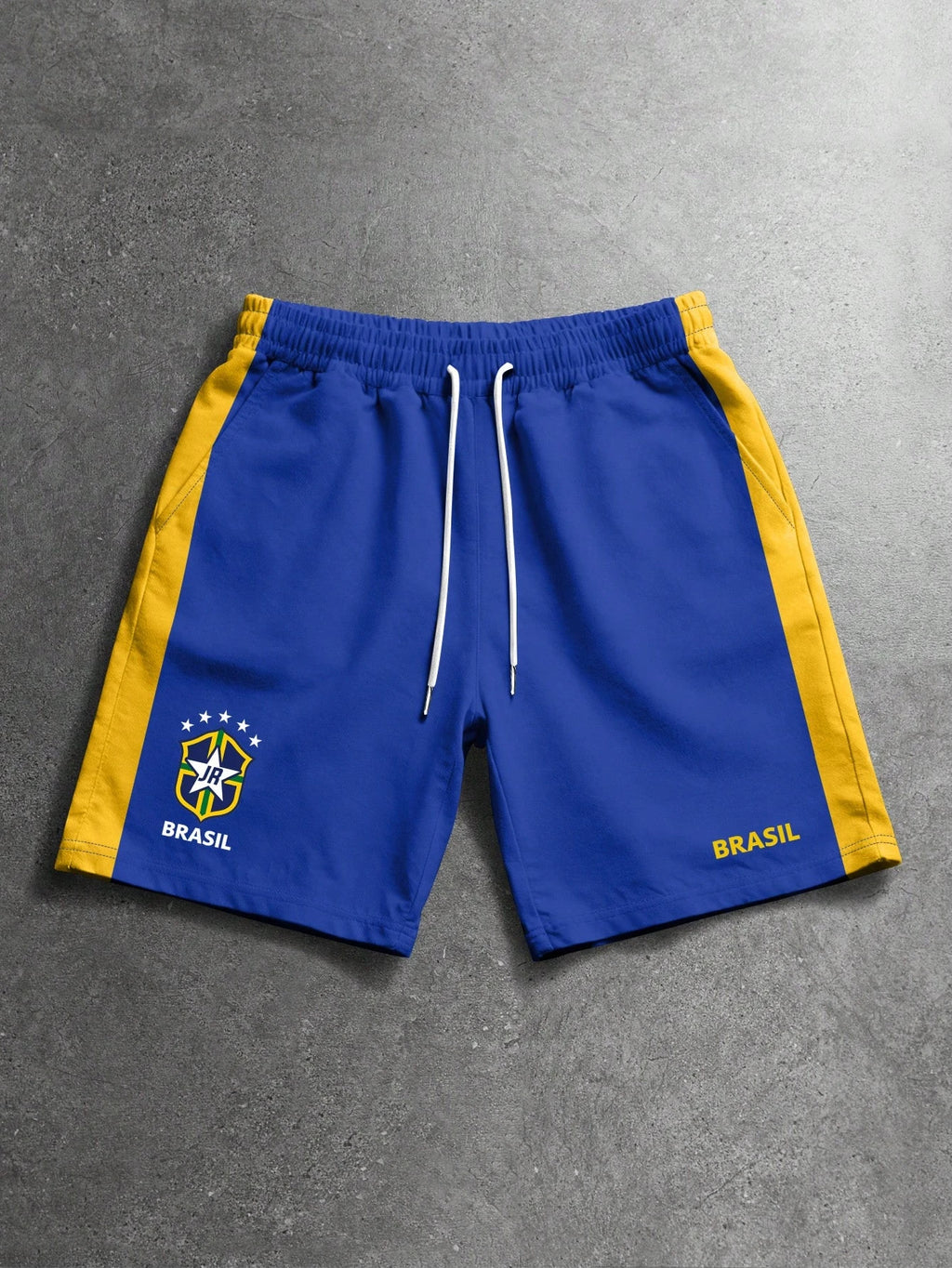 Men's Brasil JR Soccer Shorts Blue Yellow Trim, Brazil Crest Print, Breathable Streetwear Sports Shorts for Football Fans 2026