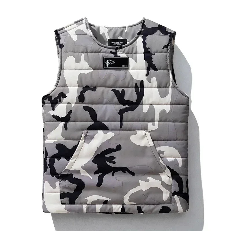 Round Neck Vest Men's Autumn Winter Padded Thickened Thermal Vest Wearing Japanese Fashion Side Zipper Sleeveless Coat Pullover