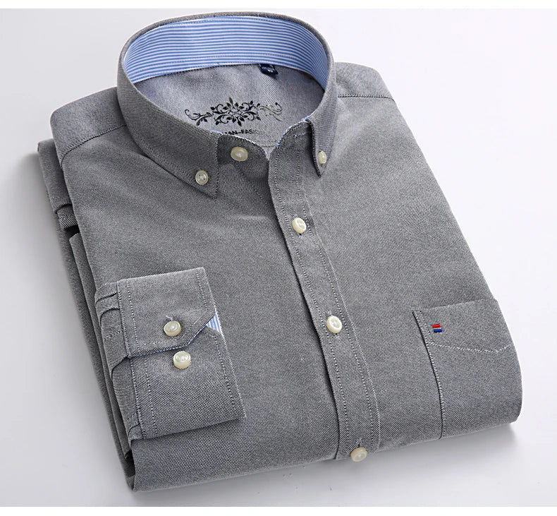 Cotton Oxford Shirt For Men Long Sleeve Plaid Striped Casual Shirts Male Pocket Regular-Fit Button-Down Work Man Dress Shirt