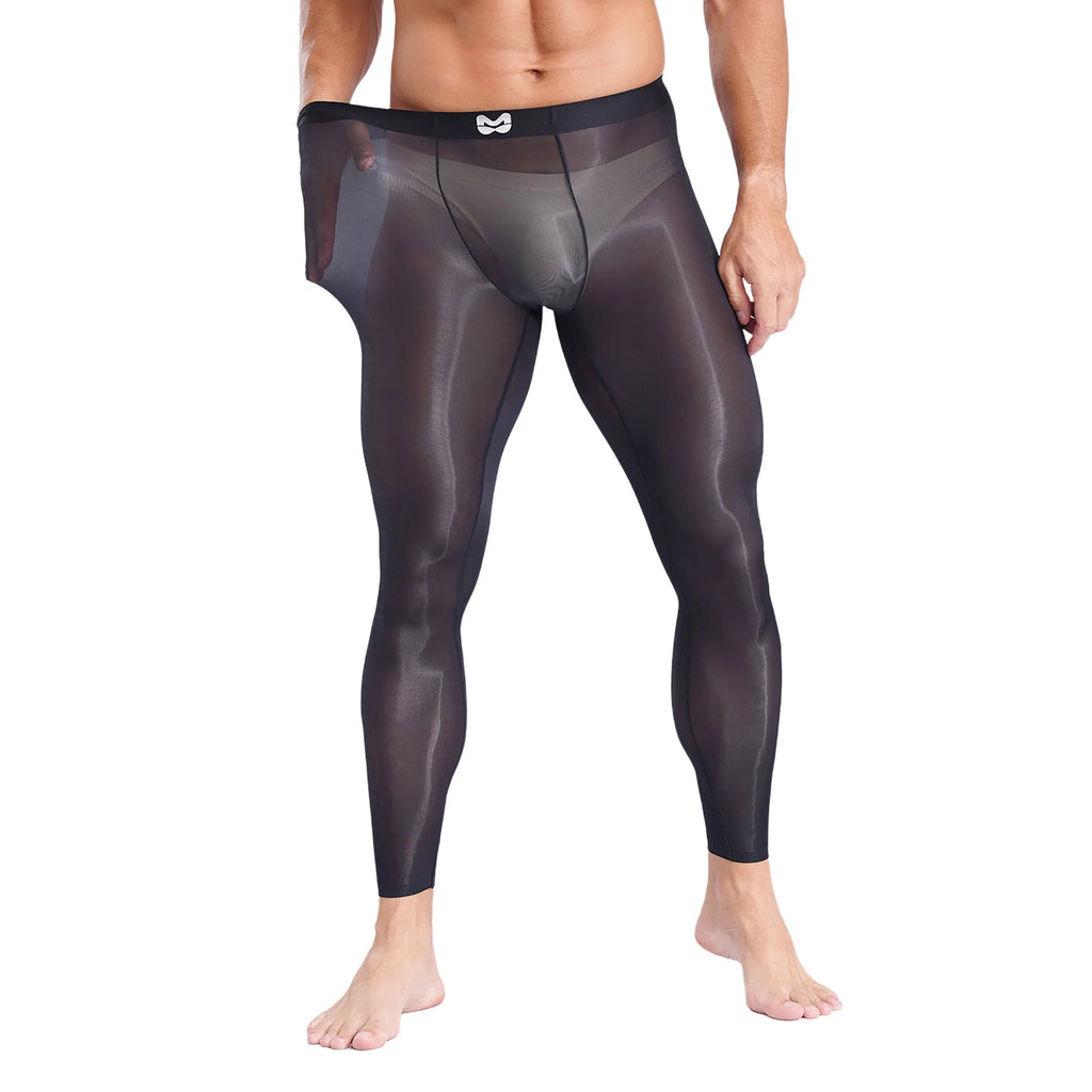 Mens Stretchy Compression Pants Skinny Sweatpants See Through Bulge Pouch Tights Ice Silky Yoga Gym Fitness Leggings Underwear