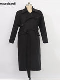 Mauroicardi Autumn Winter Cool Elegant Long Warm Black Woolen Trench Coat Men Belt Luxury Designer Clothes Wool Blends Overcoat