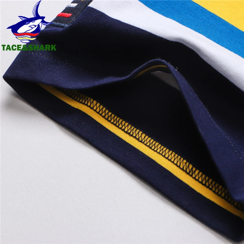 TACE&SHARK Fashion Stripe Shark Embroidery Polo Shirt Summer Men Business Shark Polos Tops Mens Casual Slim Fit Clothing