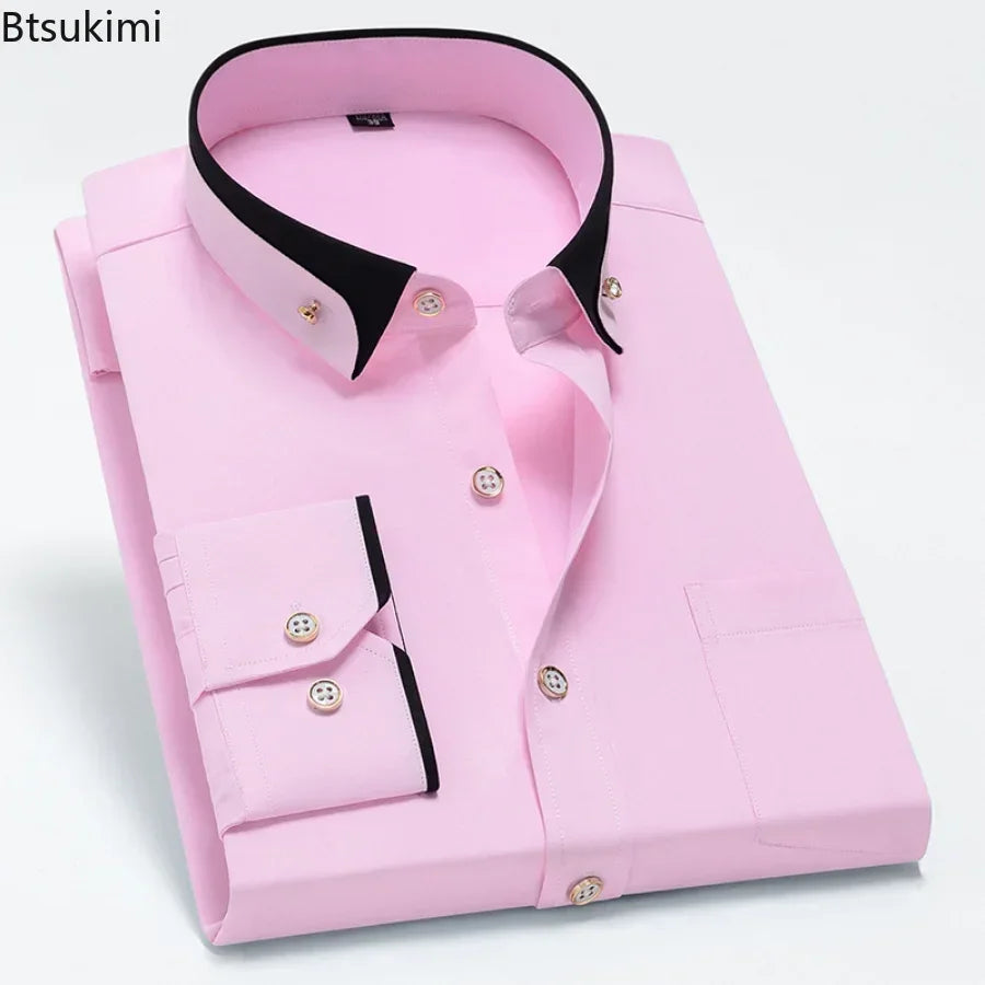 2026 Men's Long Sleeve Business Dress Shirts Solid Formal Button-Down Social Collar Camisa Elastic Anti-wrinkle Casual Men Shirt