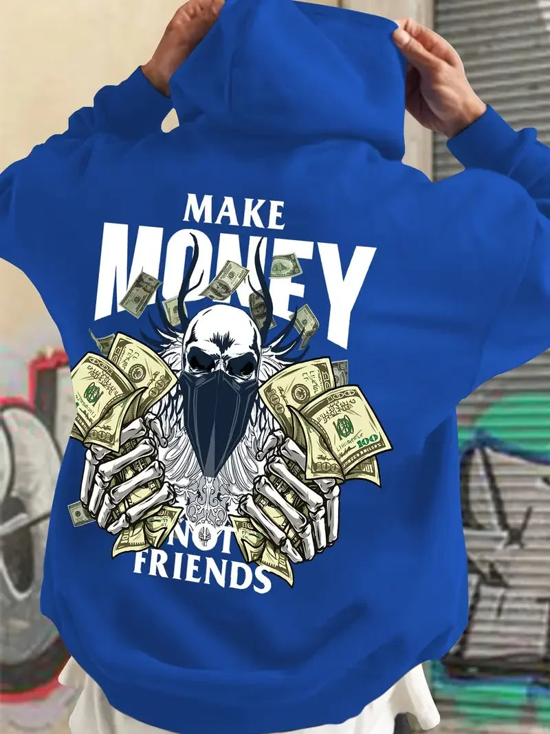 Commuting fashion men's autumn and winter must-have hooded sweatshirt Make MONEY NOT FRIENDS printed hooded sweatshirt versatile