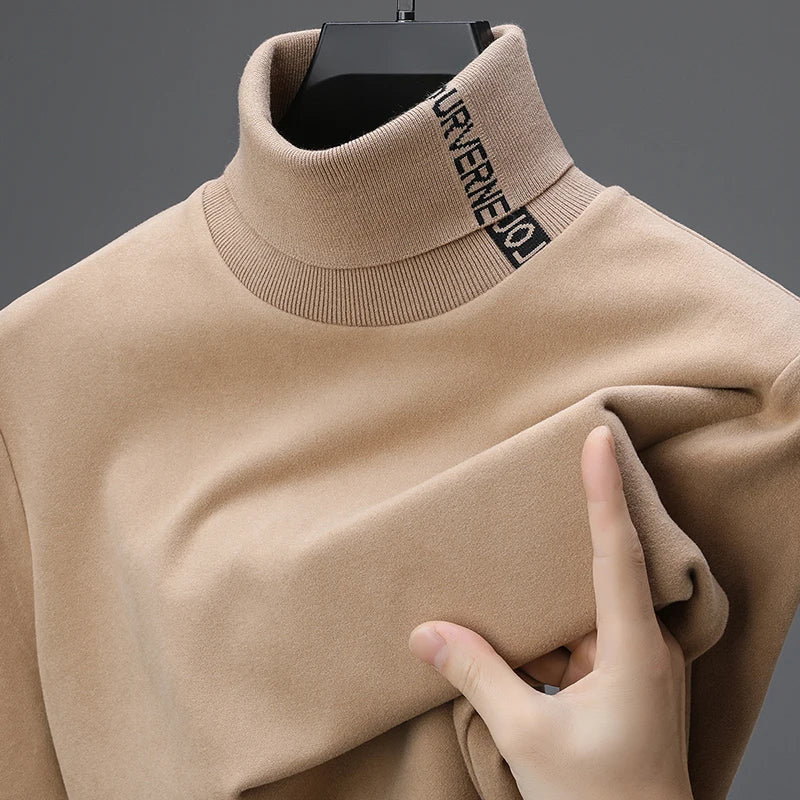 Fashion high neck exquisite letter embroidery men's sweater velvet warm T-shirt Korean style autumn winter new casual pullover