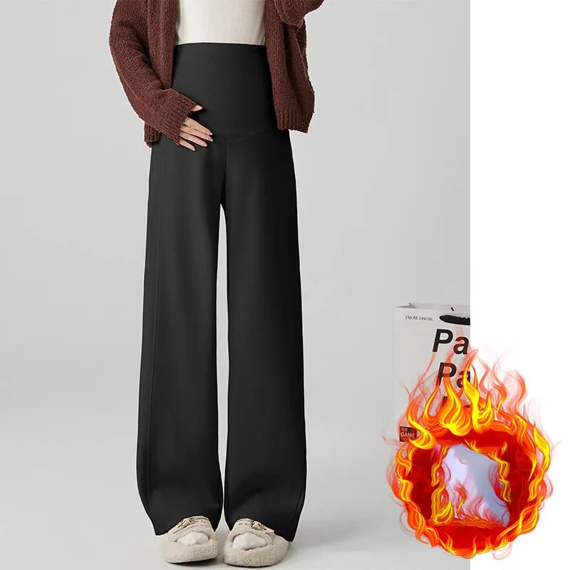 Maternity Pants Fleece-Lined Wide-Leg Sweatpants Autumn/Winter Casual Straight-Leg Pants Underwear Base Trousers For Pregnant