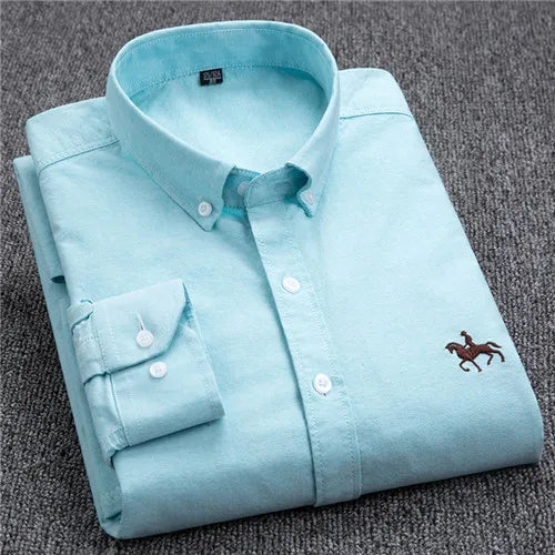 Cotton Oxford Shirt For Men Long Sleeve Plaid Striped Casual Shirts Male Pocket Regular-Fit Button-Down Work Man Dress Shirt
