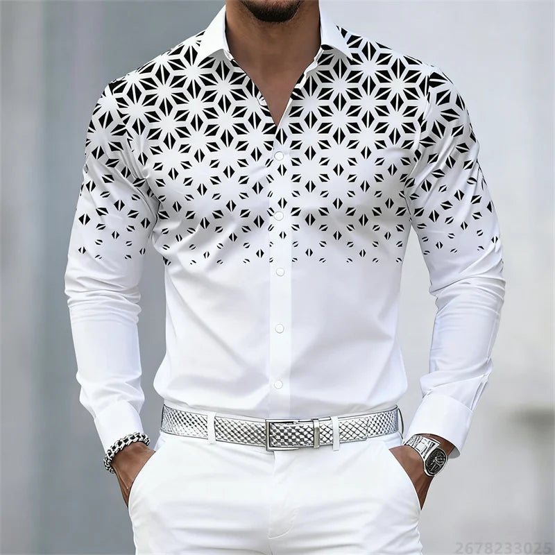17 Colors of Men's Shirts, Fashionable Geometric Pattern Print Long Sleeve Shirts, Personalized Trendy Slim Lapel Casual Shirts
