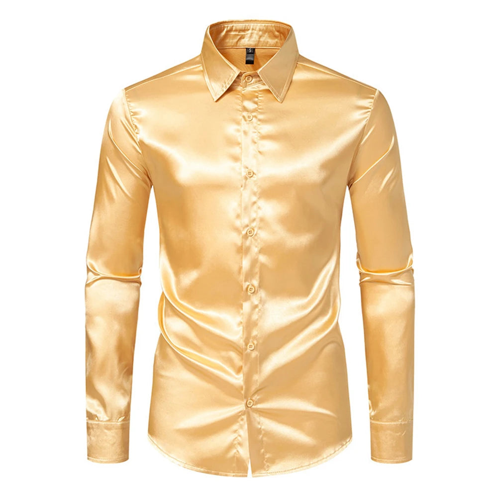 Men's Casual Satin Silk Shirts Single Breasted Button Lapel Collar Dress Shirt Slim Fit Fashion Party Long Sleeve Tops Clothing