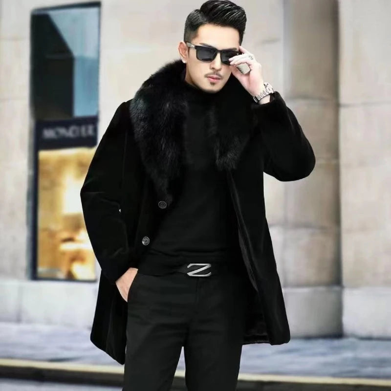 Men Fur Coat Winter Warm Luxury Brand Faux Fur Jacket Black High-end Thick Trench Coat Buttons Long Sleeve Outerwear Jackets New