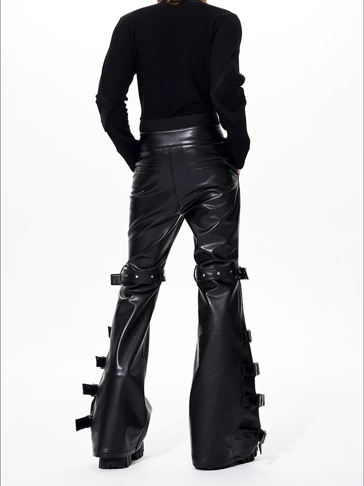 Mauroicardi Spring Autumn Cool Handsome Long Black Pu Leather Flare Pants for Men Rivet Luxury Designer Alternative Emo Clothes