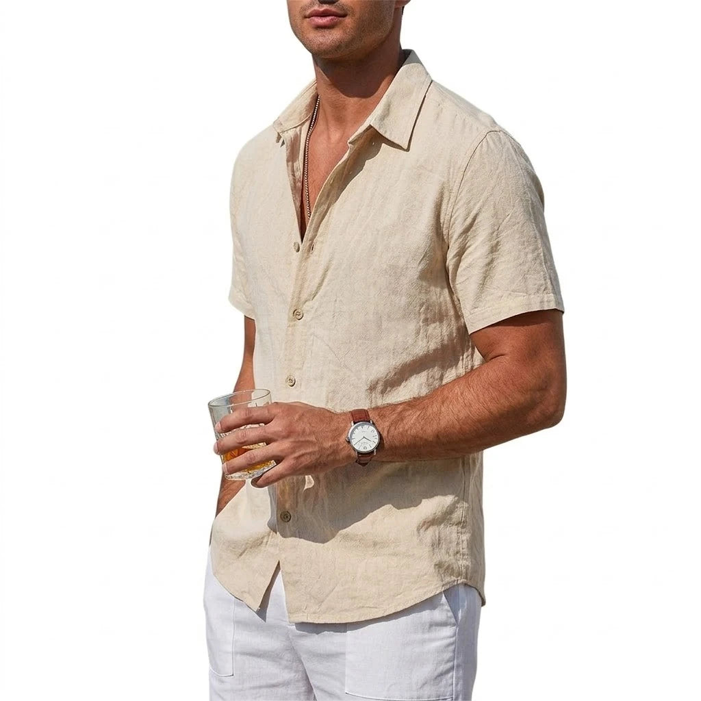 Men's Short Sleeve T-shirt Cotton Linen Shirts Casual Tshirts Man Solid Color Lapel Summer Shirts Male Breathable Hawaiian Shirt