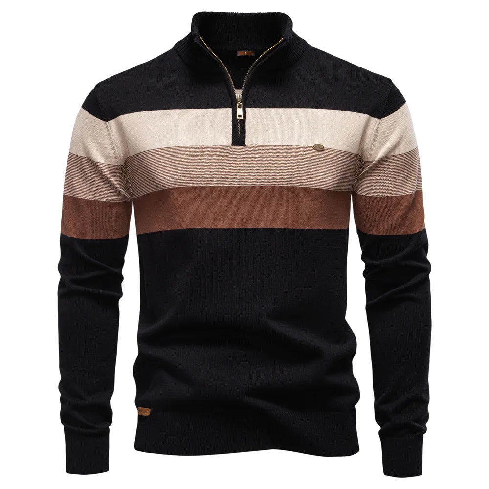 Fashion Autumn Winter Men's Half Zipper Stand Collar Striped Color-coded Casual Trendy Knitted Pullovers Male Sweaters Clothes