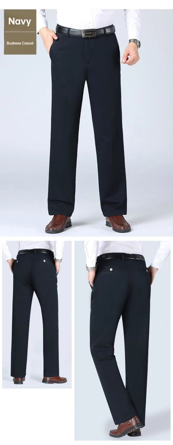 Men's Office Business 100% Cotton Pants Summer Thin & Autumn Thick High Waist Straight Loose Solid Bland Suit Slacks GOZBKF