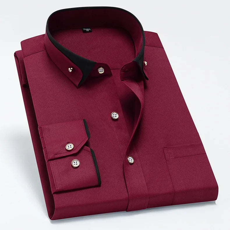 2026 Men's Long Sleeve Business Dress Shirts Solid Formal Button-Down Social Collar Camisa Elastic Anti-wrinkle Casual Men Shirt