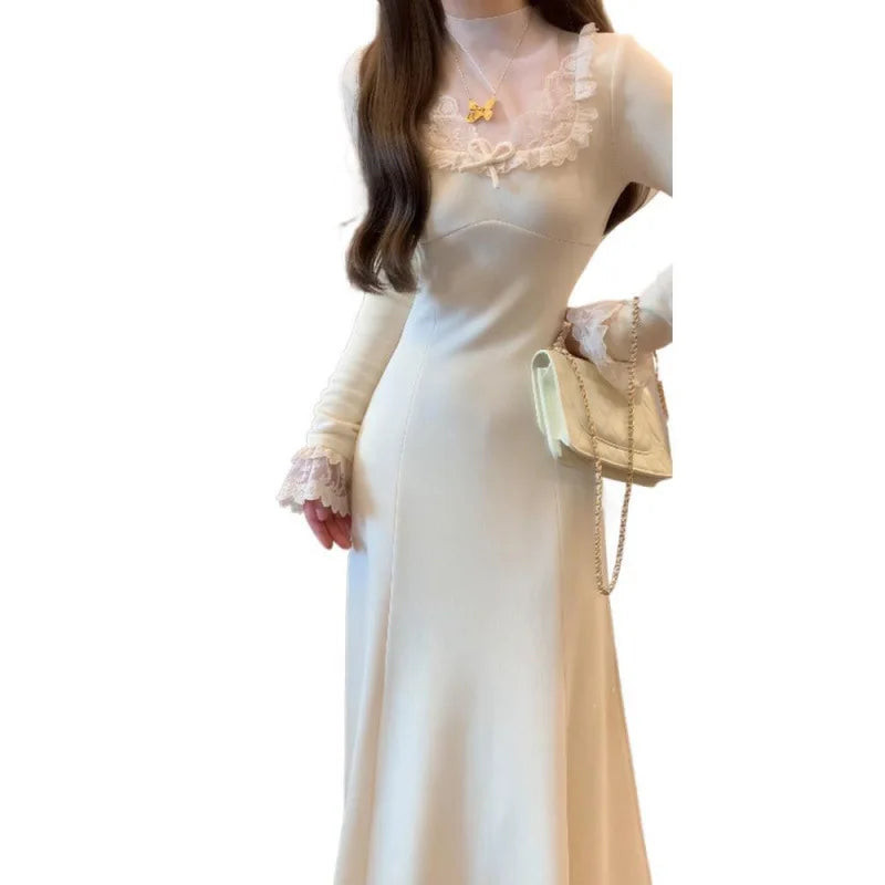 White Knitted Dress for Women, Autumn and Winter 2025 New Style, Long Dress for Layering with A Coat