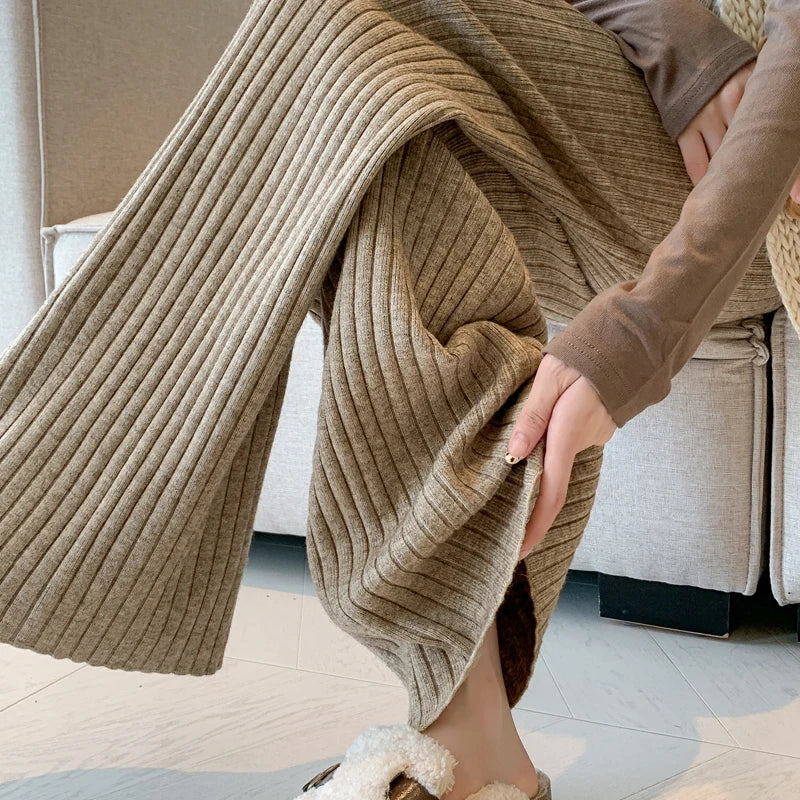 Pregnant Women's Pants Autumn Winter Maternity Knitted Pit Stripe Straight Leg Wide Leg Pants Casual Floor Pants Youth Pregnancy