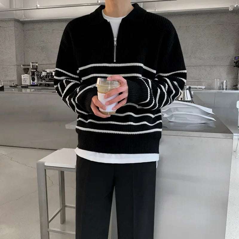 Autumn Korean Men's Light Style Lapel Long Sleeve Sweater Fashion High-end Loose Retro Casual Half Zip Striped Sweater Top