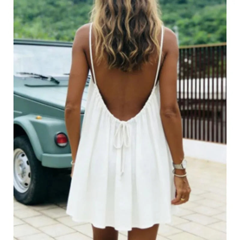 Women's Dress 2026 Summer Arrival Solid Color Fine Strap Flowing A-Line Skirt Casual Vacation Style with Elegant Backless Design