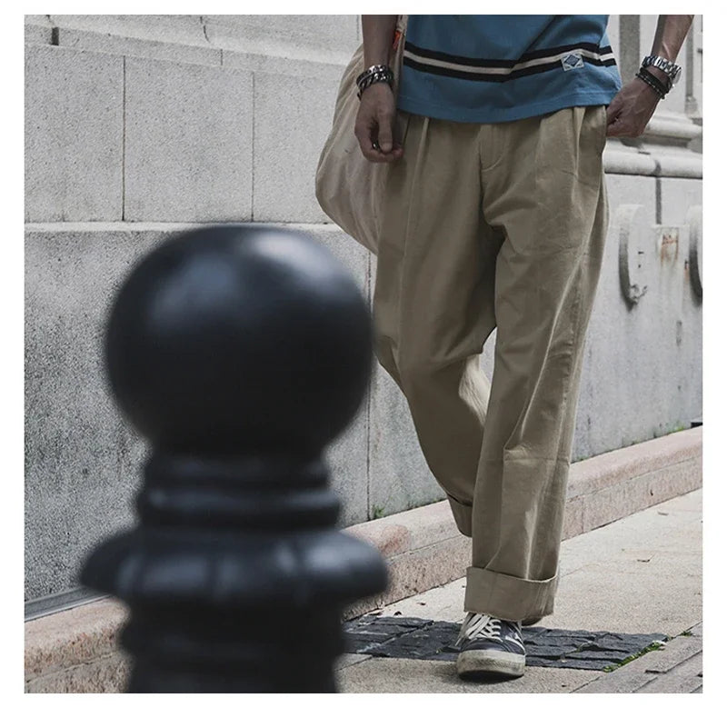 Non Stock Pleated Slacks Summer Spring Relaxed Straight Casual Pants Men Khakis