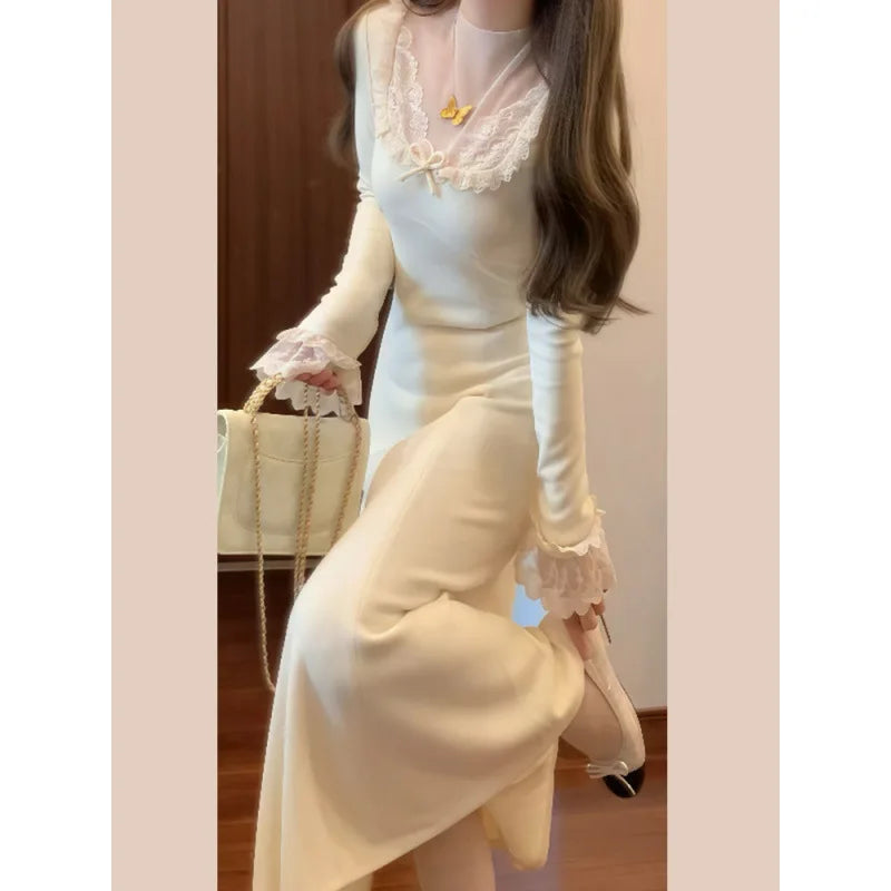 White Knitted Dress for Women, Autumn and Winter 2025 New Style, Long Dress for Layering with A Coat