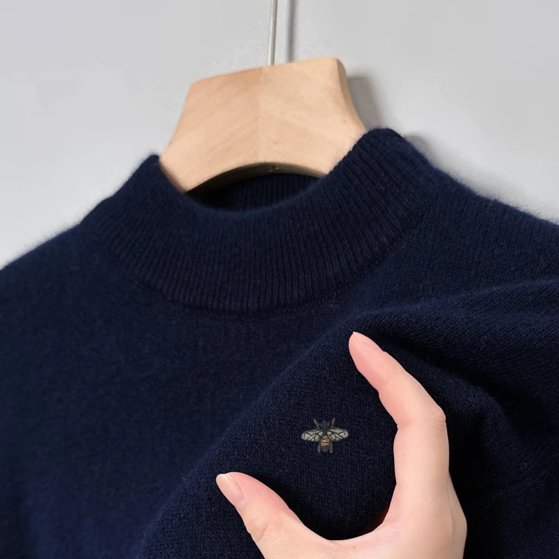 Hot Sale Luxury Brand Men's Sweater Mock-Neck Bee Embroidery Pullover Soft Warm Fashion Exquisite Thick Autumn Winter Men's Wear