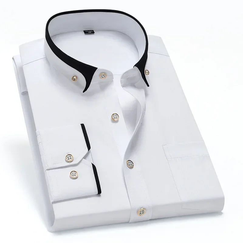 2026 Men's Long Sleeve Business Dress Shirts Solid Formal Button-Down Social Collar Camisa Elastic Anti-wrinkle Casual Men Shirt