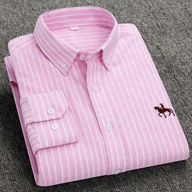 Cotton Oxford Shirt For Men Long Sleeve Plaid Striped Casual Shirts Male Pocket Regular-Fit Button-Down Work Man Dress Shirt